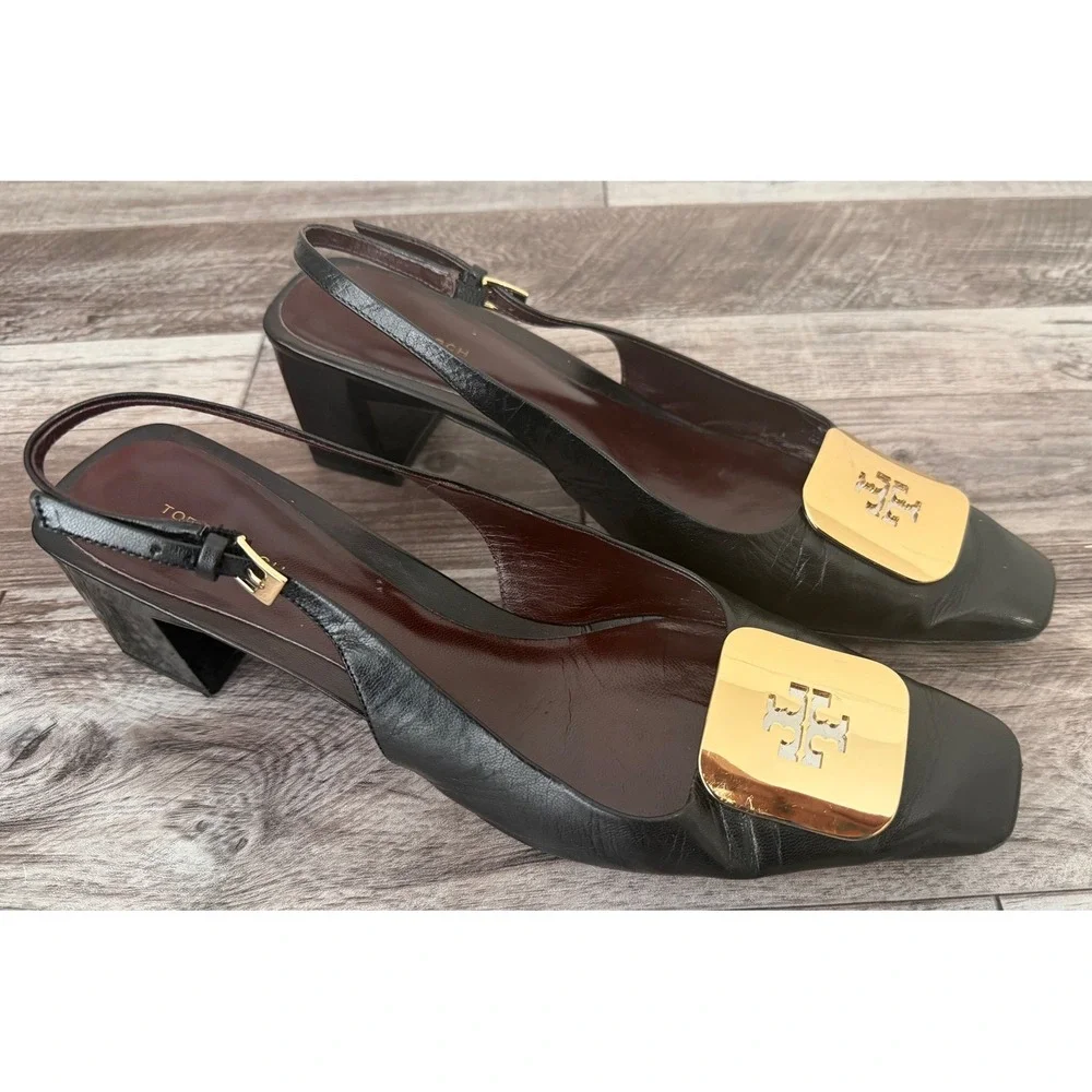 Tory Burch Georgia Slingback Heels Size 10M Black Gold Logo Square Toe